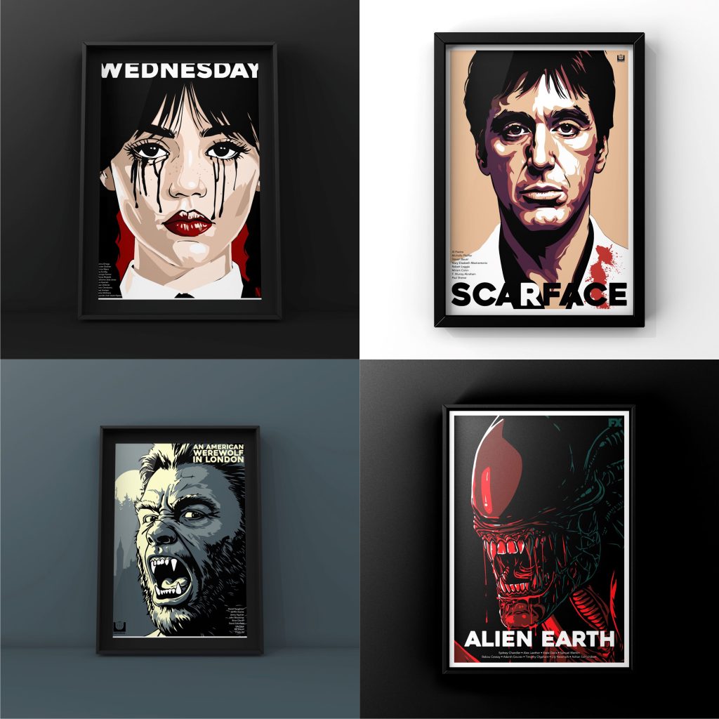 Four graphic posters showing closeups of Wednesday from Addams family, Scarface, An American Werewolf in London, and the Alien from the Alien film series.