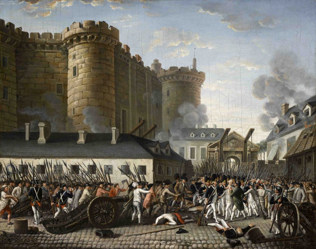 Historical painting of the storming of the Bastille prison.