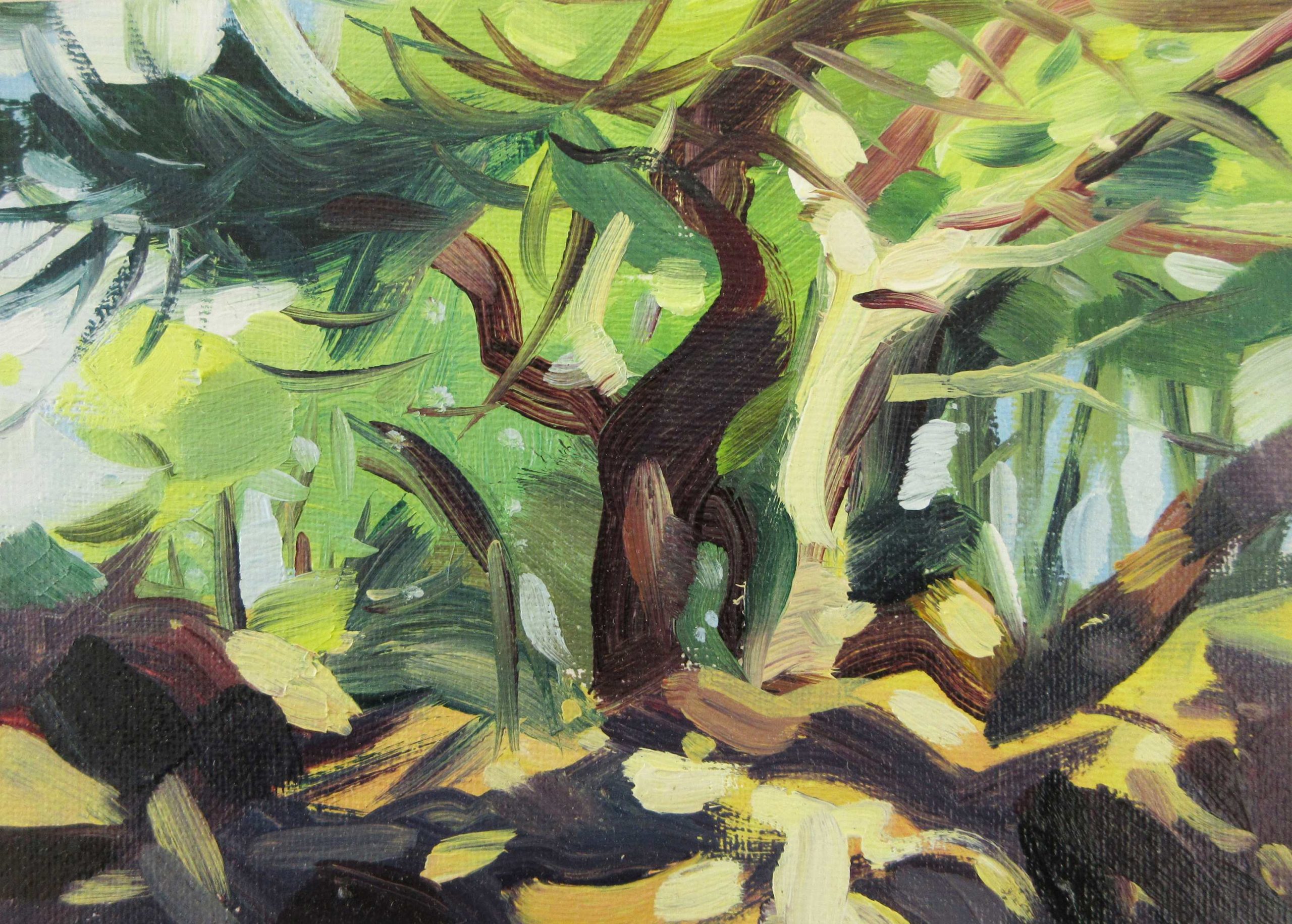 An abstract green and brown painting of a forest with trees.
