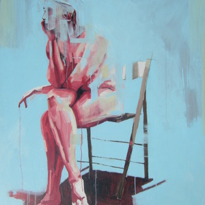 An oil painting of a naked women sitting down with her face in her hands.