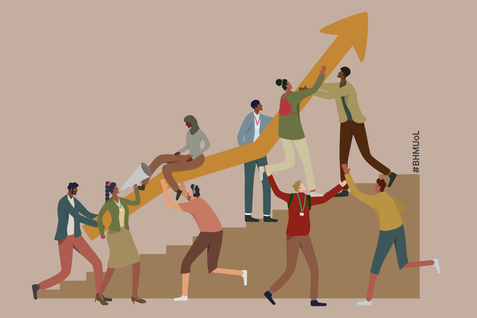 A stylised drawing of a group of people climbing stairs and carrying an arrow upwards with them.