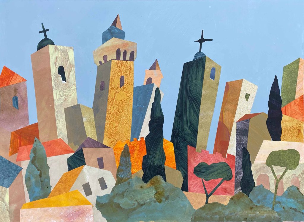 A colourful painting of a large amount of tall and thin buildings in the countryside.