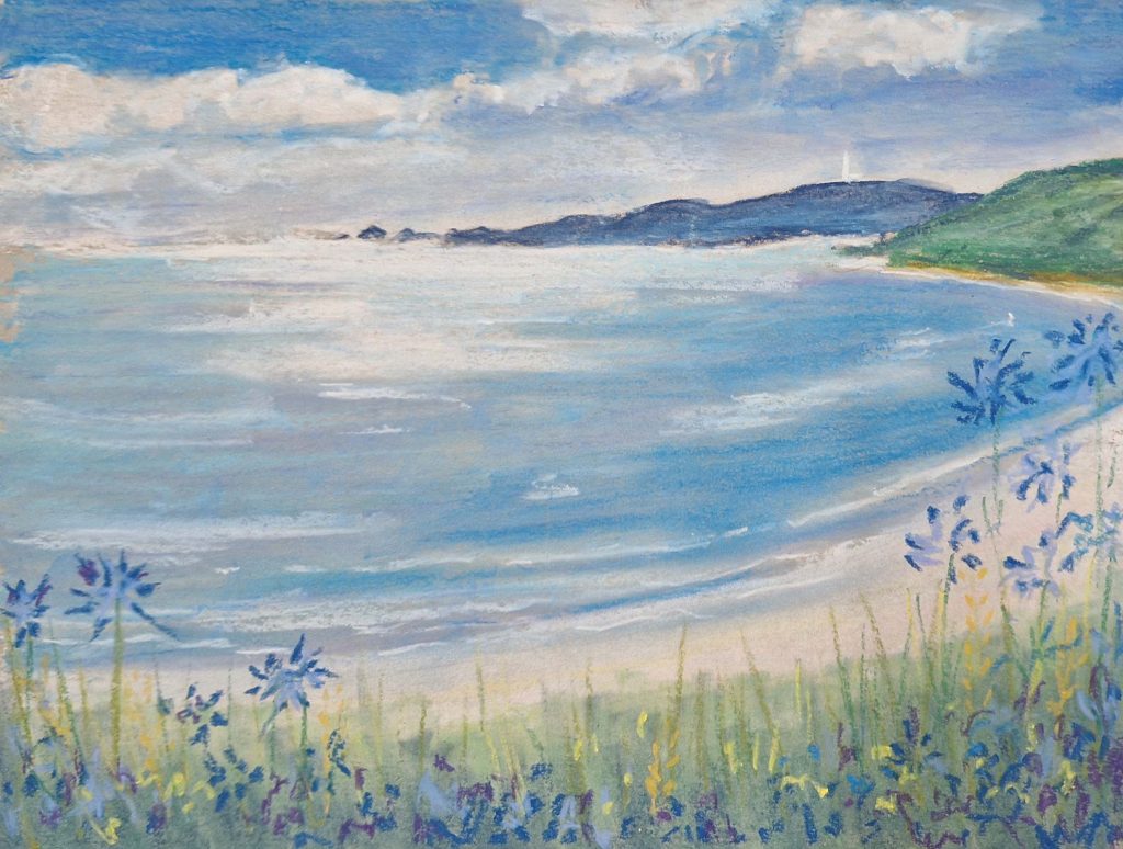 A soft pastel drawing of a coastal scene with hills, ocean and sky.