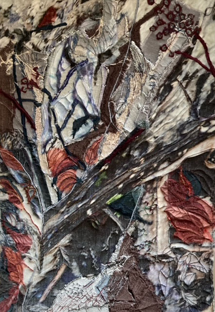 An abstract and textured art piece of grey, red and white streaks to represent nature.