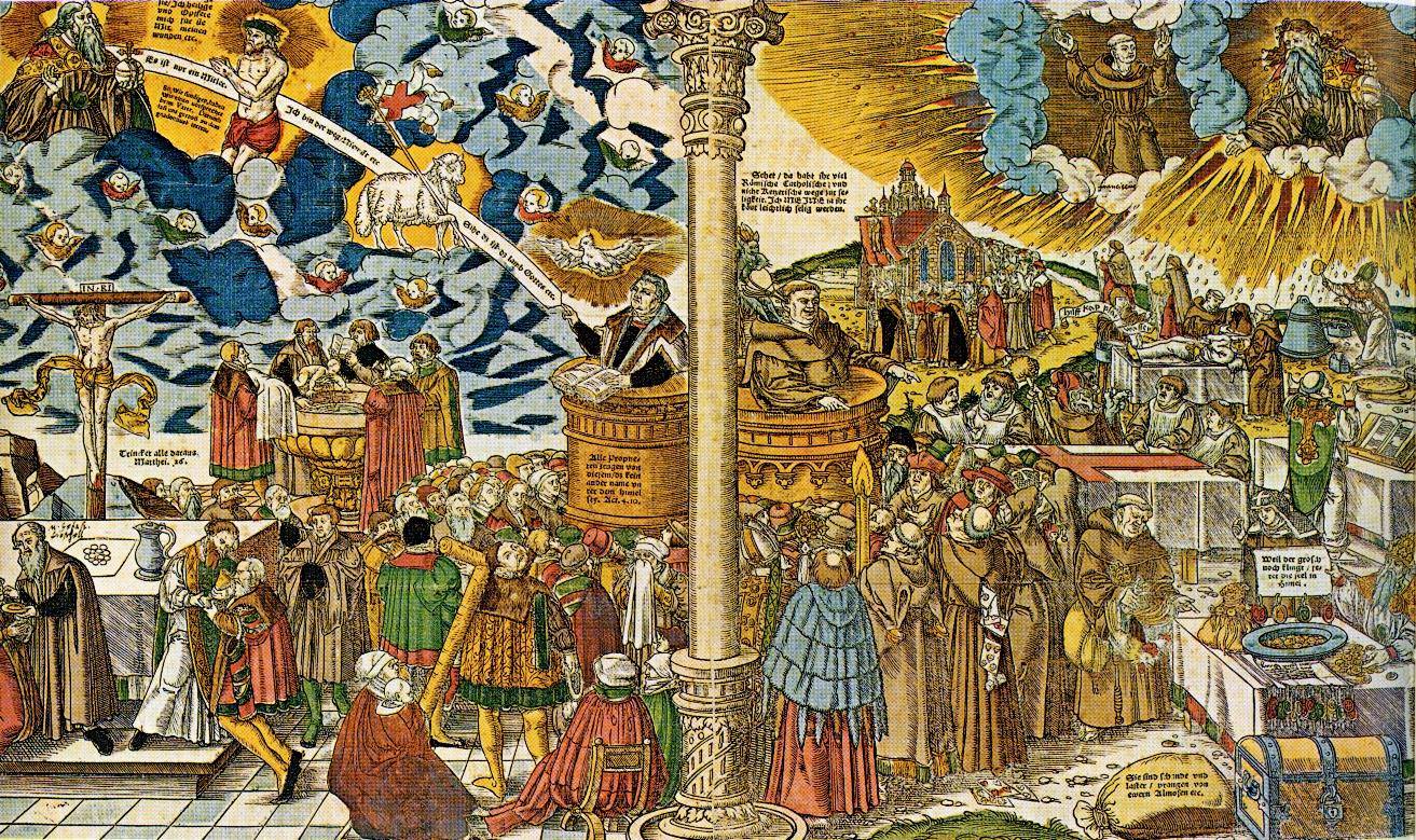 A woodcut, antique carving of a biblical story, showing crowds gathered around two men as they look to the skies for angels and saints.