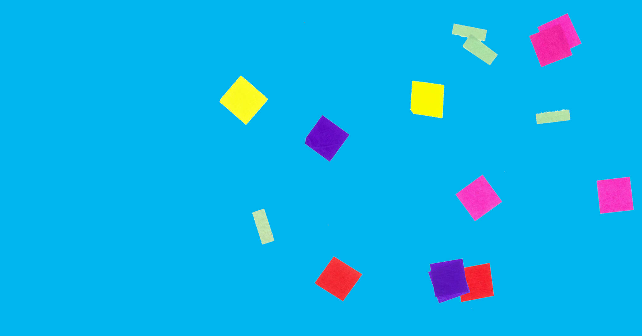 A blue background with multi-coloured confetti.