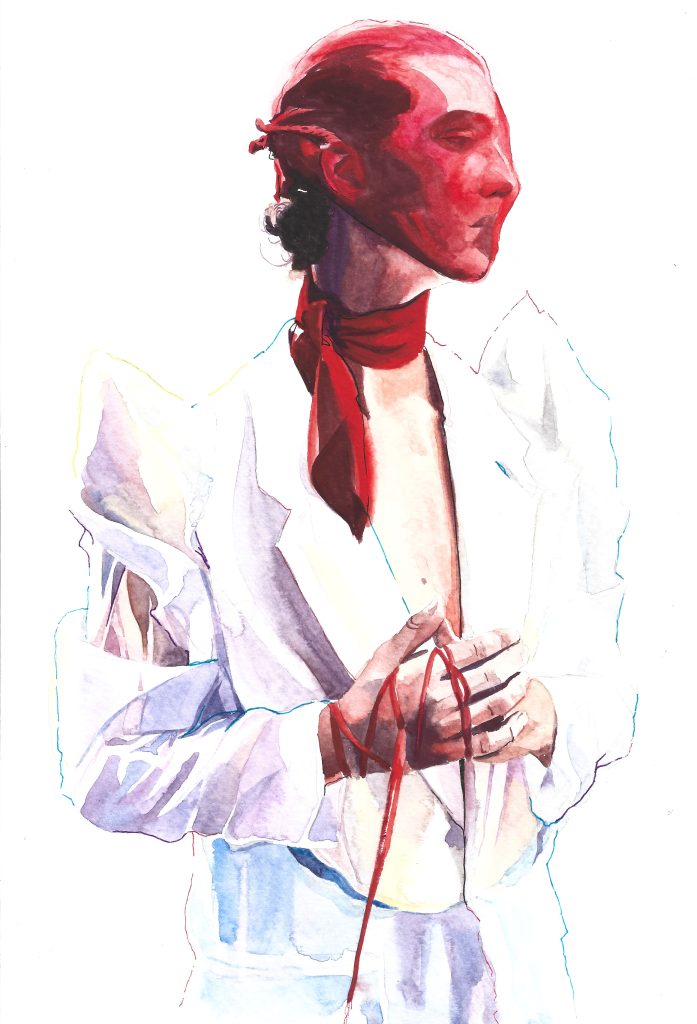 A watercolour painting of a man in a white top, wearing a red face covering.