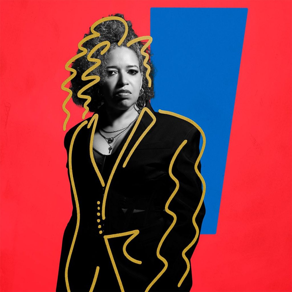 A black woman in monochrome, drawn over with gold lines to emphasis her hair and suit.