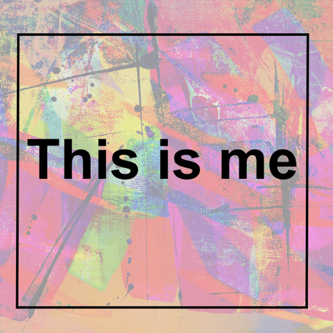 An abstract, colourfully painted background with an outline of a black square over the top. Inside the square it says 'This is me'.