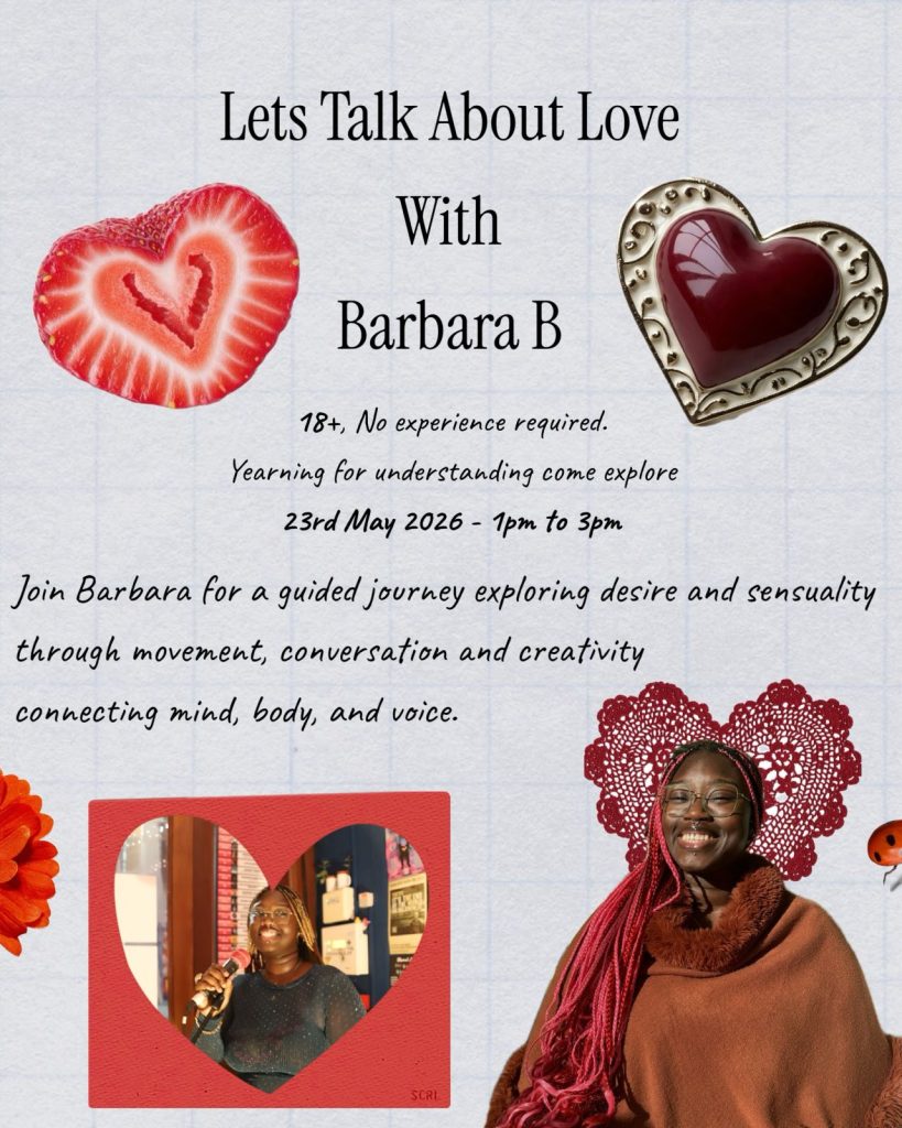 A grey poster filled with various hearts and two Black women surrounded by hearts.