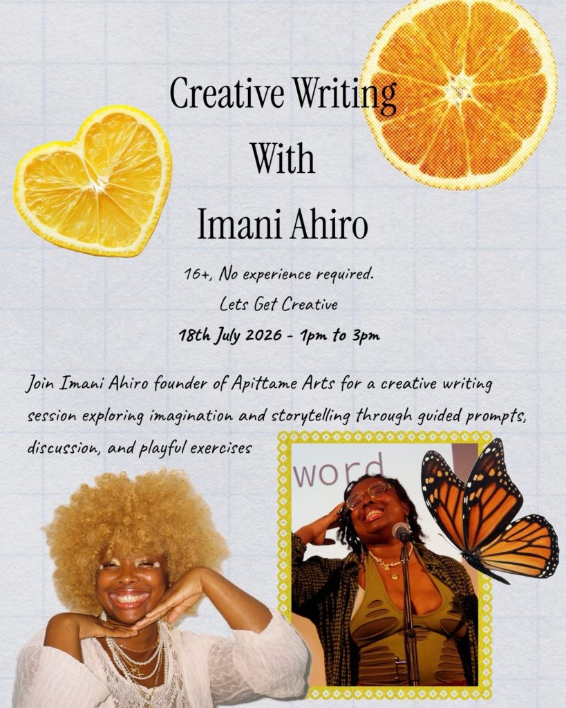 A posters filled with lemons, Black women smiling and talking, and a butterfly.