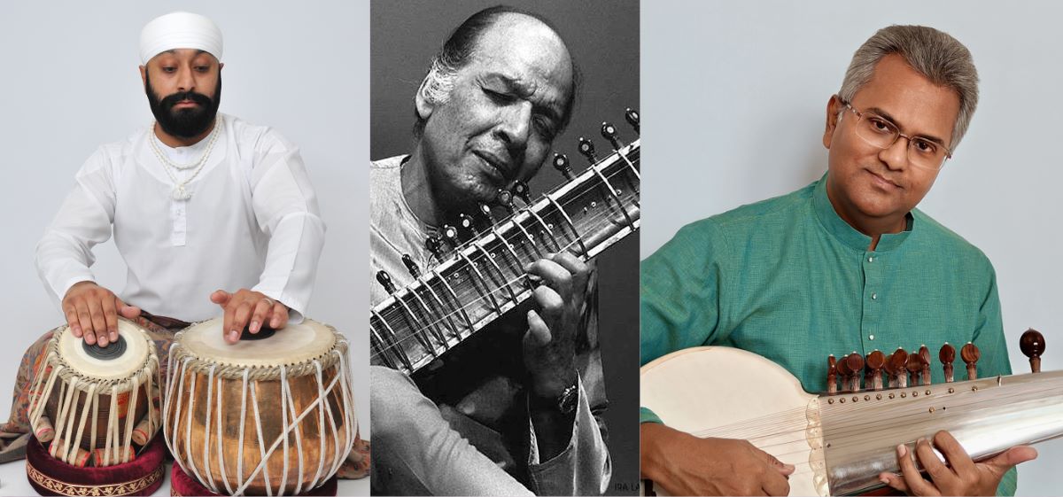 Three Asian men playing traditional Indian instruments.