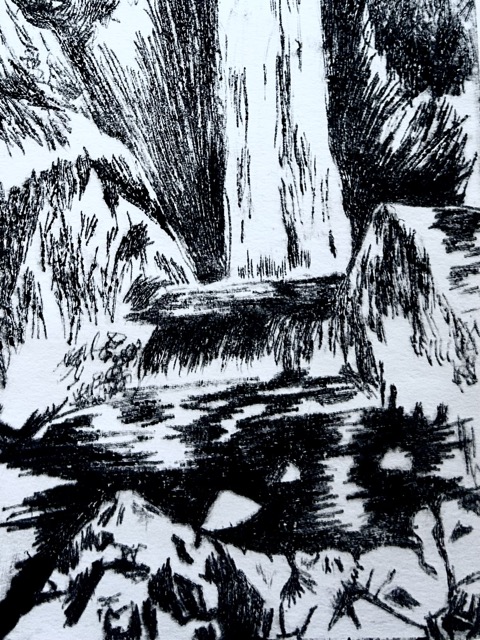 A black and white printed illustration of a waterfall falling into a pool of water.