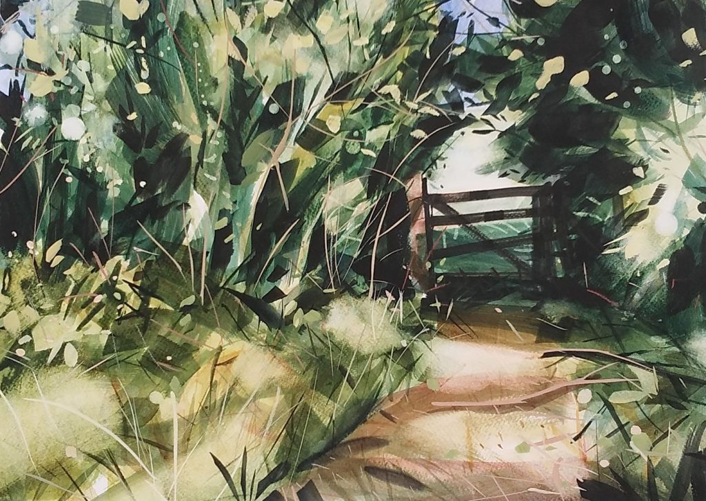An expressive watercolour painting of the outdoors with greenery and a wooden gate.