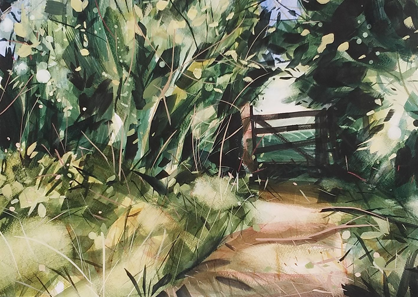 An expressive watercolour painting of the outdoors with greenery and a wooden gate.