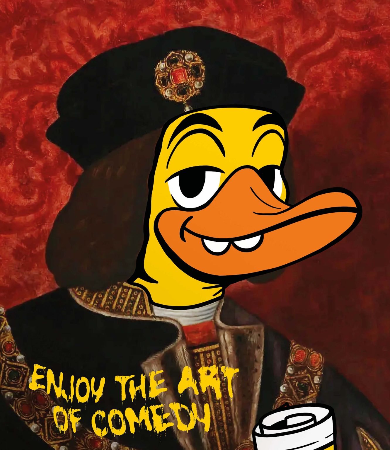 A portrait of King Richard III with his face drawn over with a smiling, cartoonish duck. In the bottom left corner is says 'Enjoy the art of comedy'.