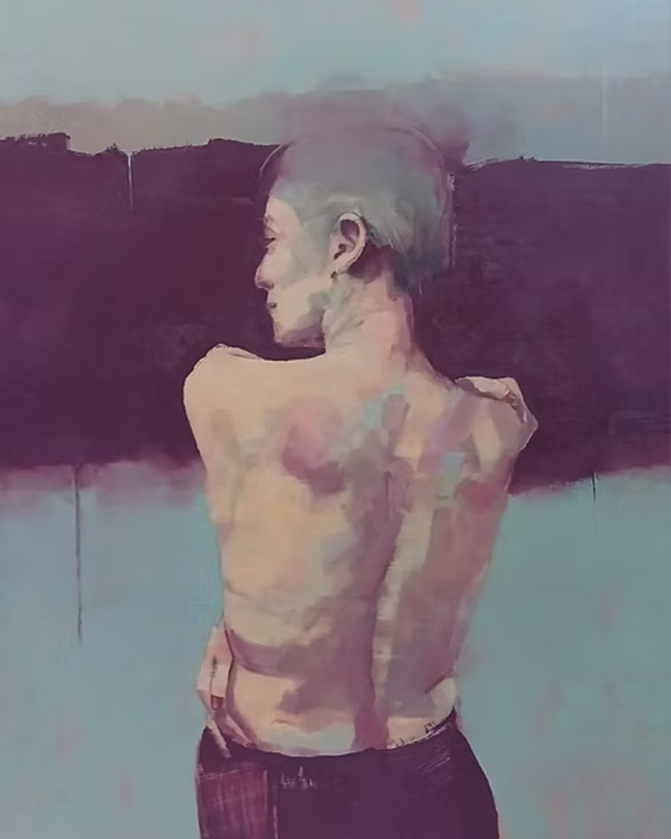 A woman with her bare back to the viewer looking over her shoulder, painting in blue toned oils.