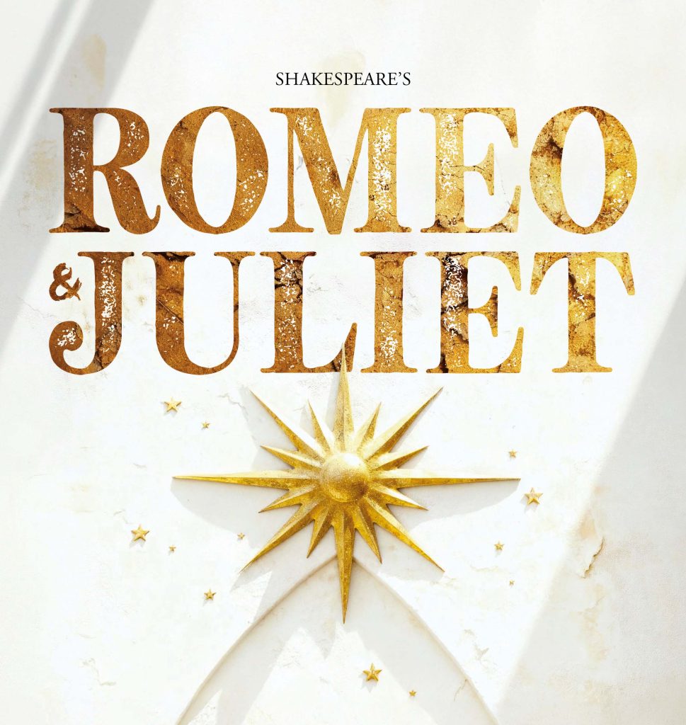 Romeo and Juliet written in gold textured sans serif font with a gold star-like jewel below it.