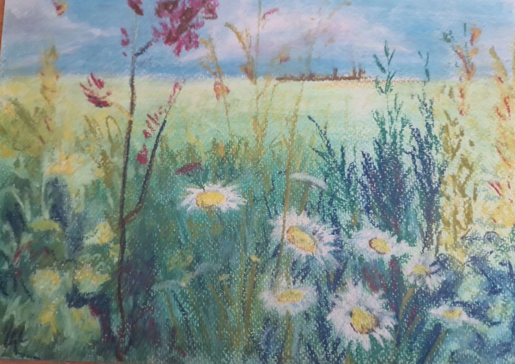A field of wild flowers with a blue sky drawn in pastels.