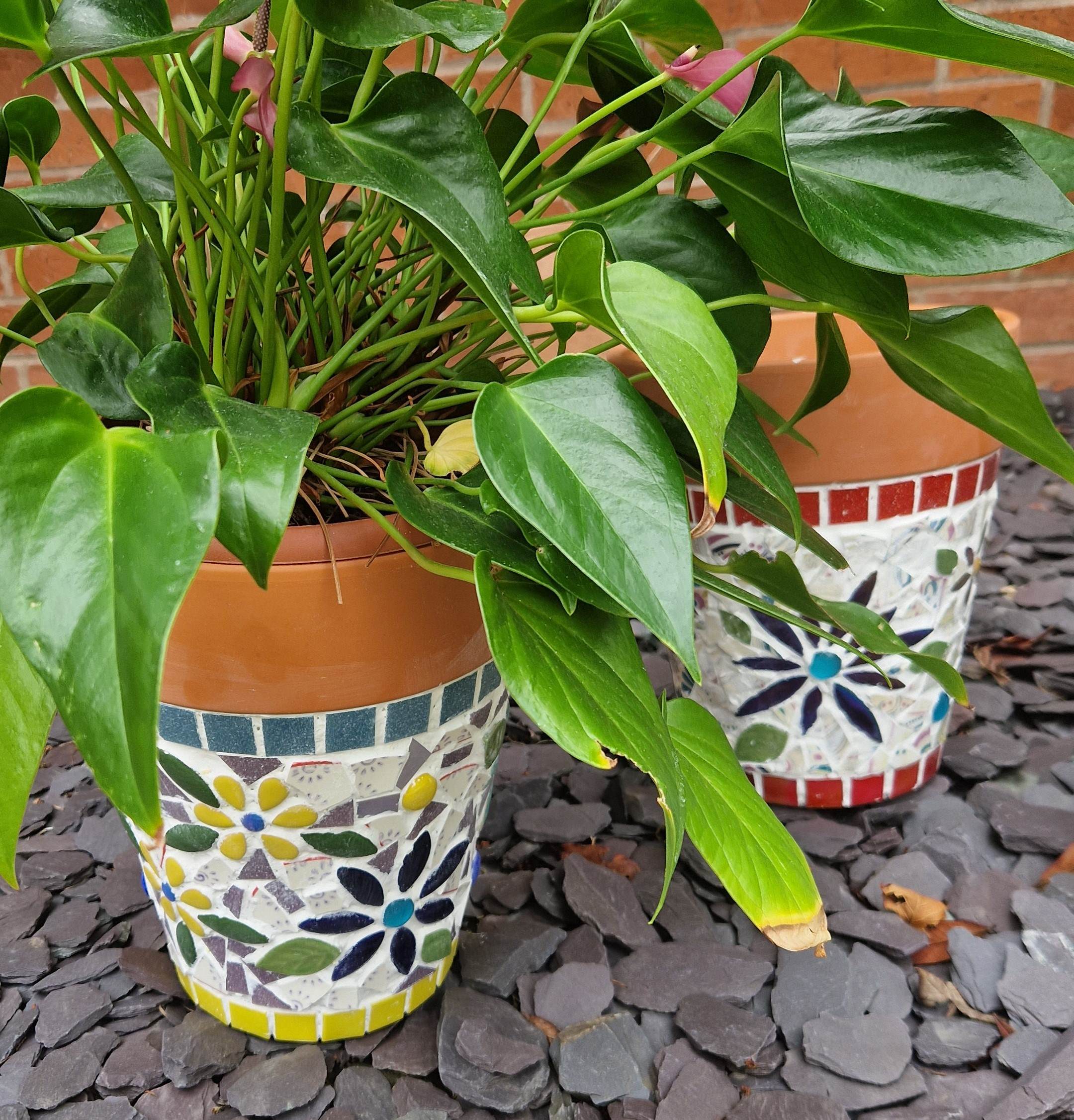 Plant pots holding green plants covered in colourful mosaics.