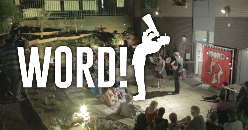 WORD! written over a scene of a performance taking place in the courtyard in the evening.