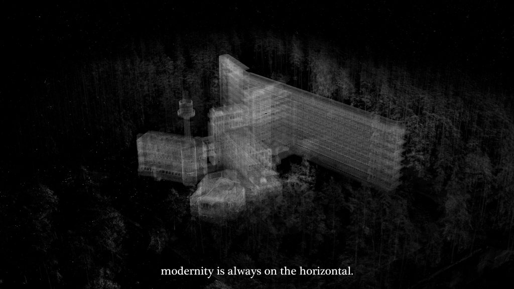 An x-ray looking image of an industrial building in black and white. Below it says 'Modernity is always on the horizontal.'