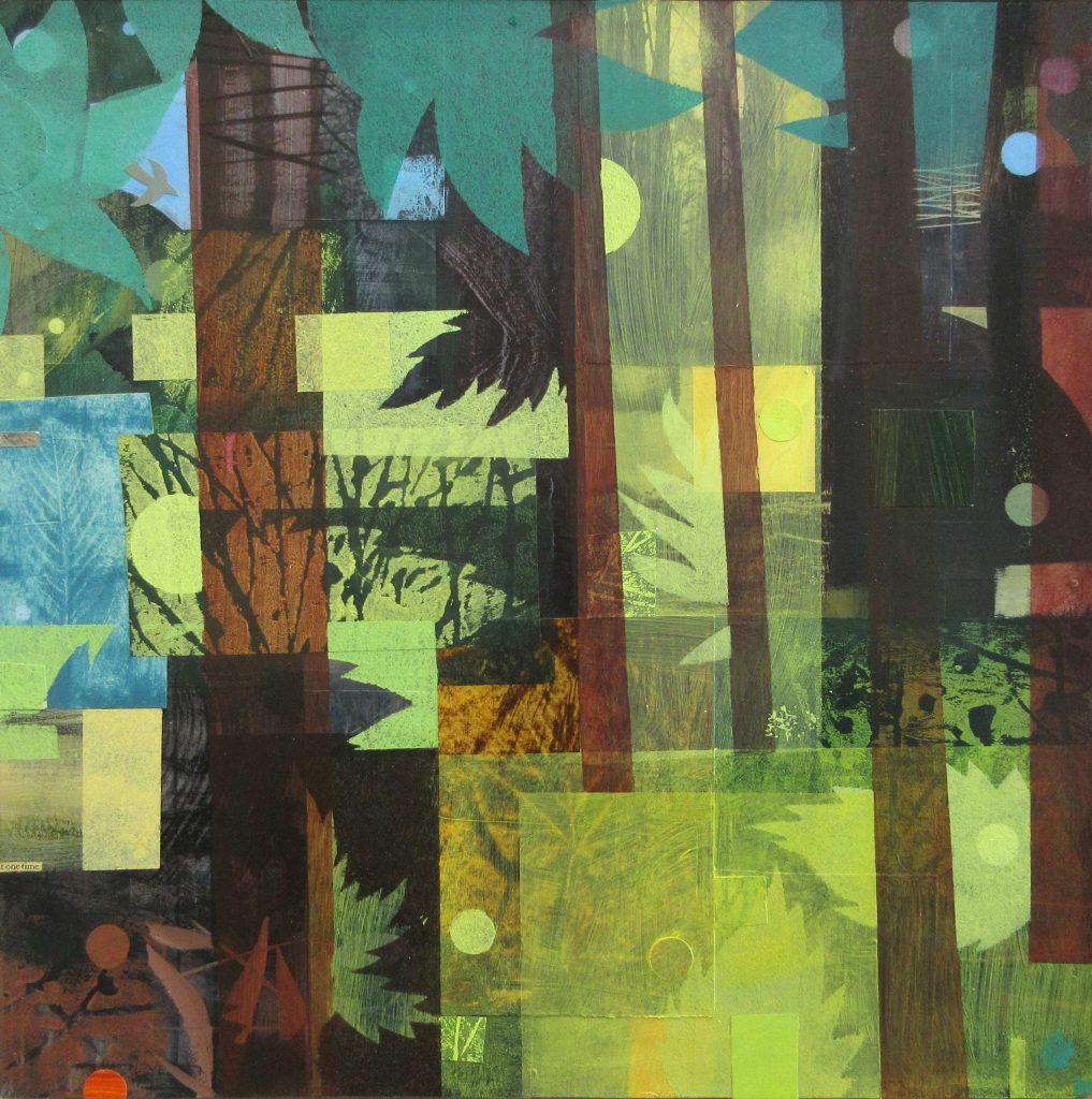 A mixed media paintings of a woods using geometric shapes.