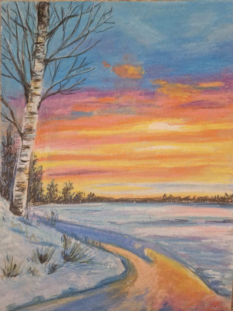 A pastel drawing of a snow covered field with a pink sunset in the background.