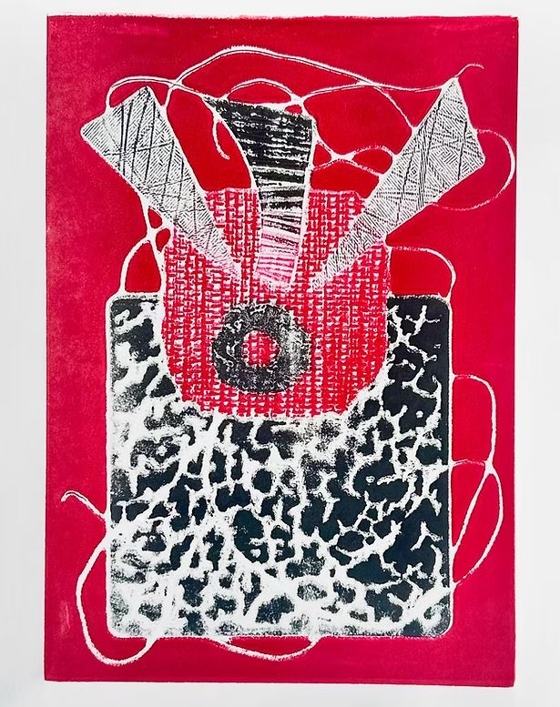 A red, black and white abstract monoprint.
