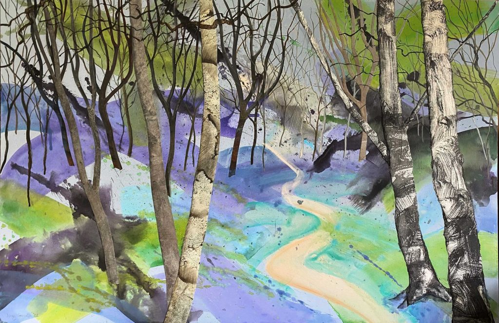 A blue and green painted forest with bare trees.
