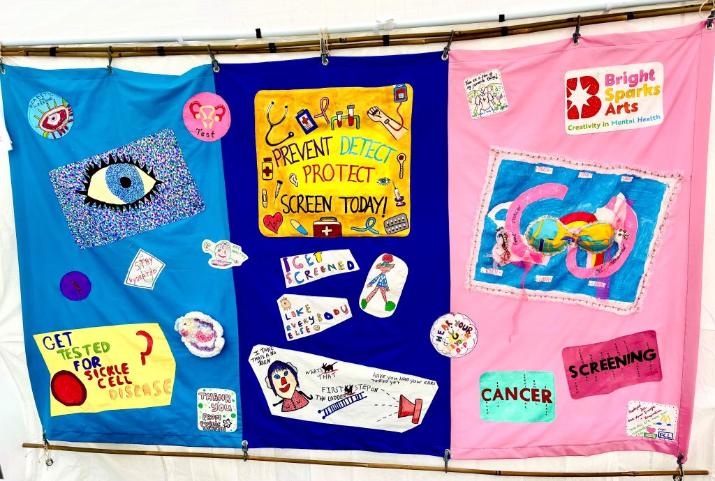 A tricoloured banner with the slogan "Prevent, Detect, Protect. Screen Today" written with artworks surrounding encouraging screen tests for various health conditions.