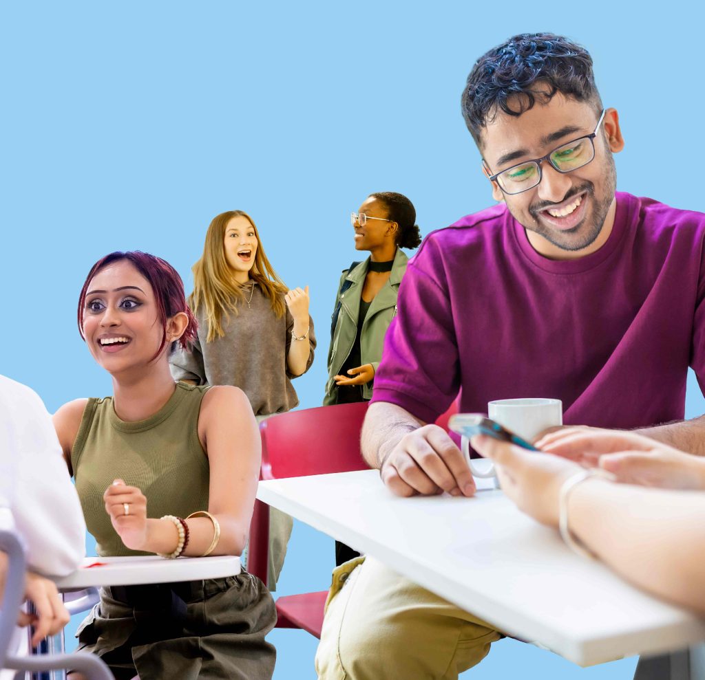 A collection of students chatting with other people with a blue background.