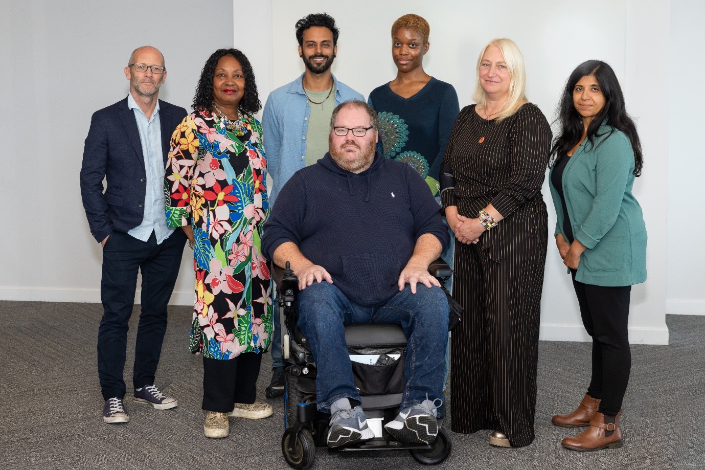 Attenborough Arts Centre Advisory Board members from left to right: Steve Williams, Jennifer Francis (Chair), Vishal Joshi, Simon Sansome, Destiny Oboh, Zoe Partington and Meera Saujani. [Advisory Board members not pictured: Professor Neil Chakraborti, Emeka Ejiofor, Sonal Joshi]